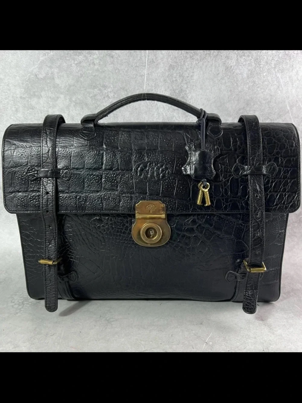 Mulberry Black Croc-Embossed Leather Briefcase with Detachable Strap